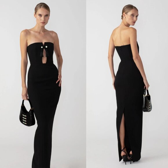 Sau Lee Imani Gown Black Tassel Strapless Keyhole‎ Maxi Dress Size 10 - Picture 11 of 11